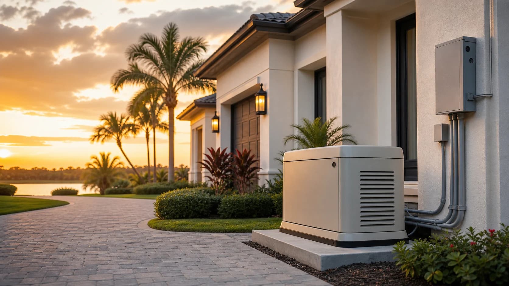 Florida home exterior with professionally installed standby generator and electrical equipment
